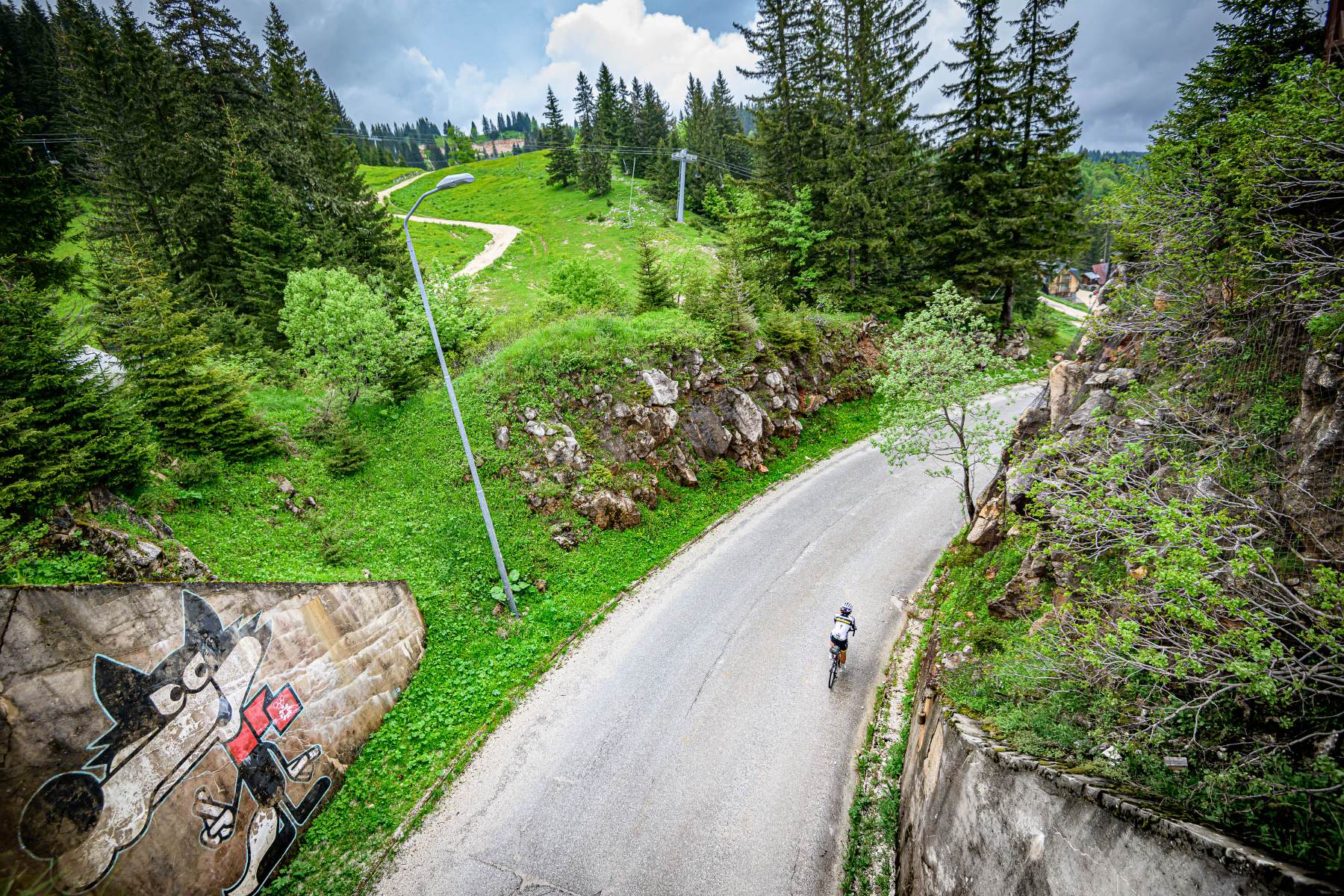 aerial view of cyclist riding